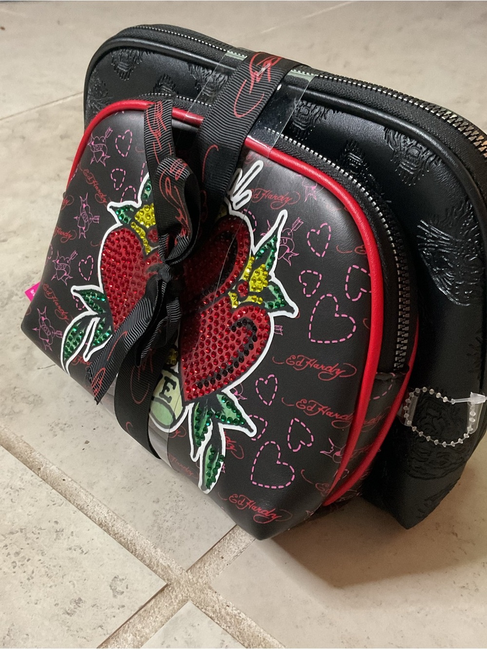 Ed Hardy Black Red Heart Sequin  2 piece Cosmetic Case NWT